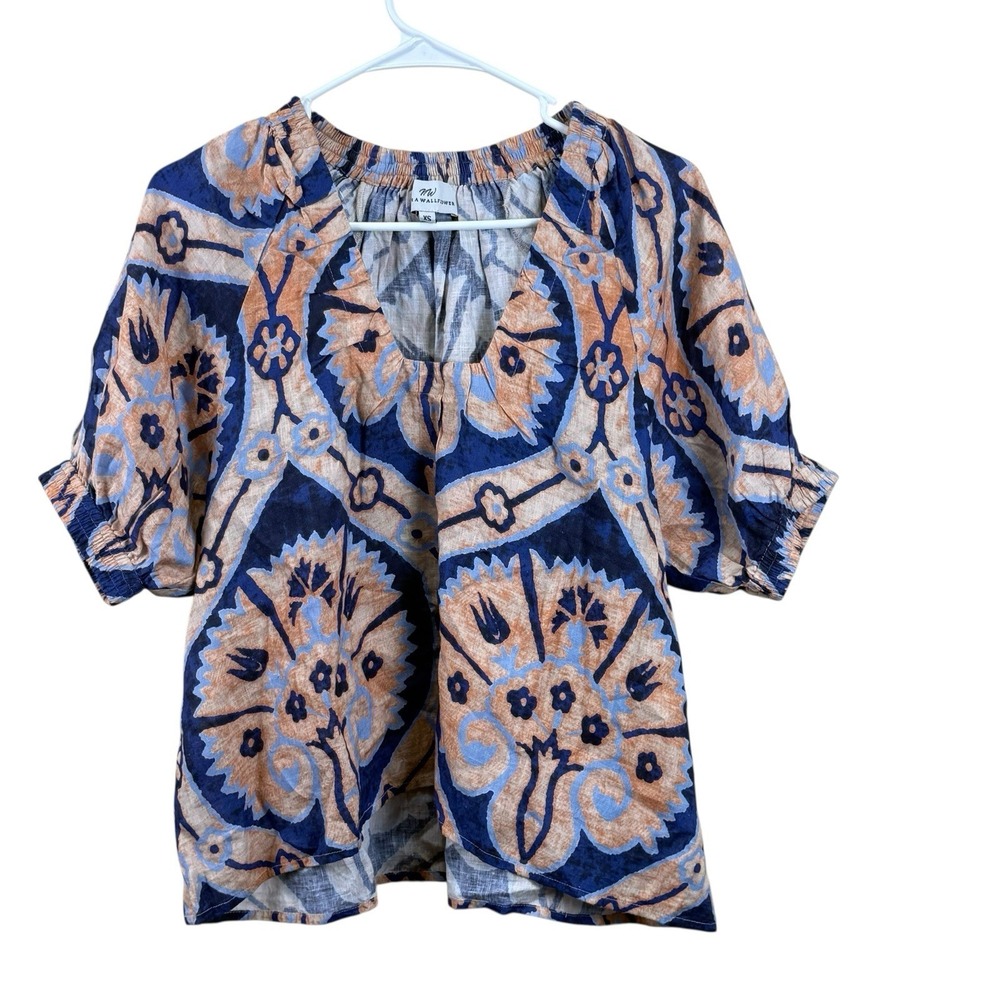 Never A Wallflower Linen Top Women's Sz XS Multicolor Square Neck Ikat